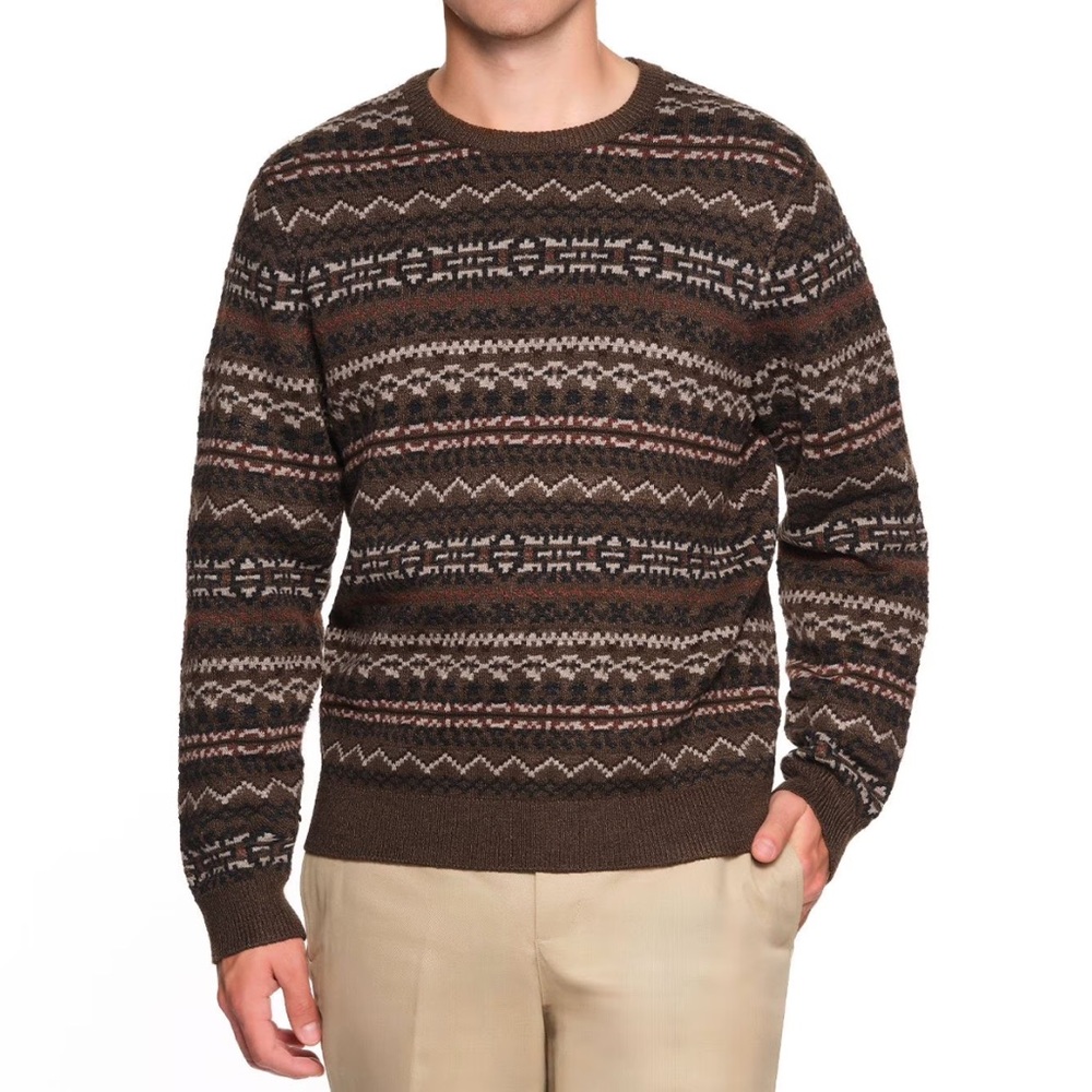 Lands' End Men's Dark Brown Patterned Crewneck Sweater